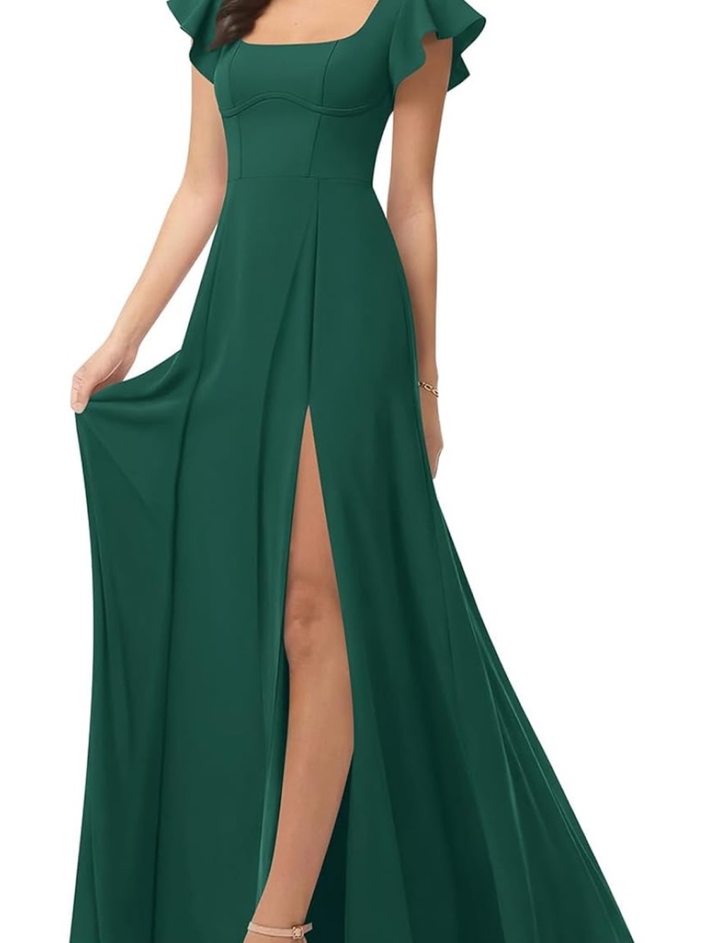 Elegant Emerald Green Maxi Dress with Flutter Sleeves